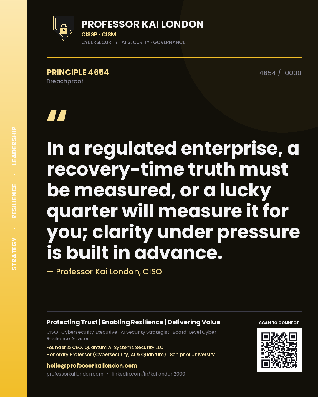 Professor Kai London principle 4654: In a regulated enterprise, a recovery-time truth must be measured, or a lucky quarter will measure it for you; clarity under pressure is built in advance.