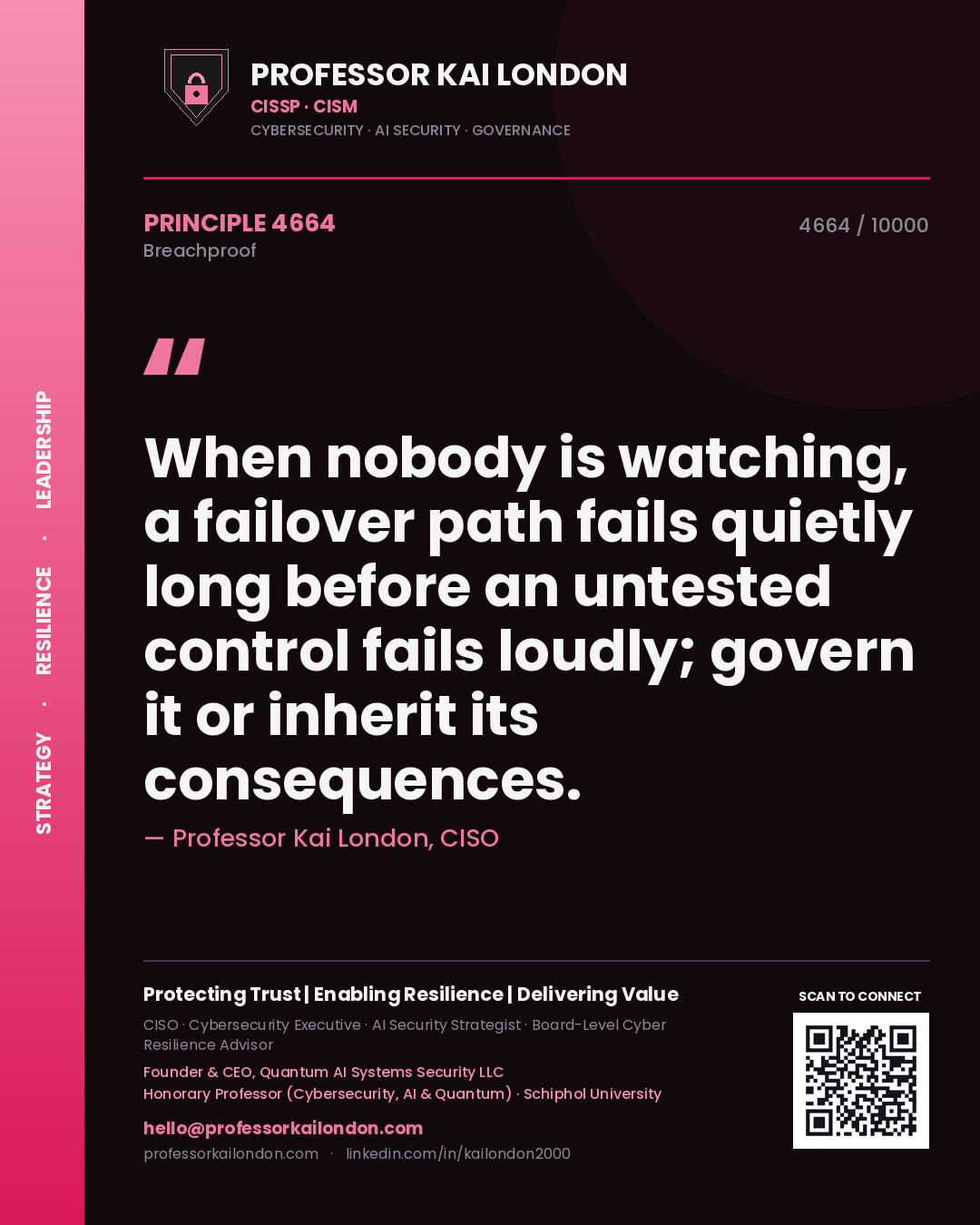 Professor Kai London principle 4664: When nobody is watching, a failover path fails quietly long before an untested control fails loudly; govern it or inherit its consequences.
