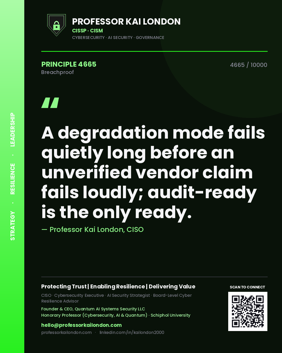 Quote card by Professor Kai London reading 'A degradation mode fails quietly long before an unverified vendor claim fails loudly; audit-ready is the only ready.'. From the book Breachproof.