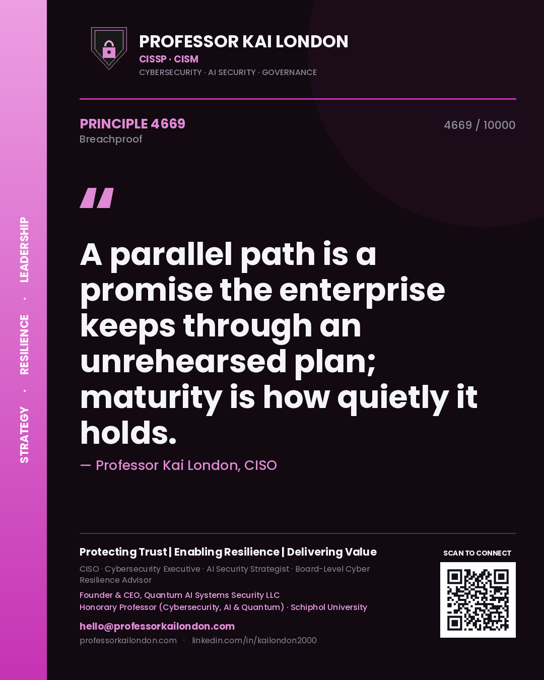 Professor Kai London principle 4669: A parallel path is a promise the enterprise keeps through an unrehearsed plan; maturity is how quietly it holds.