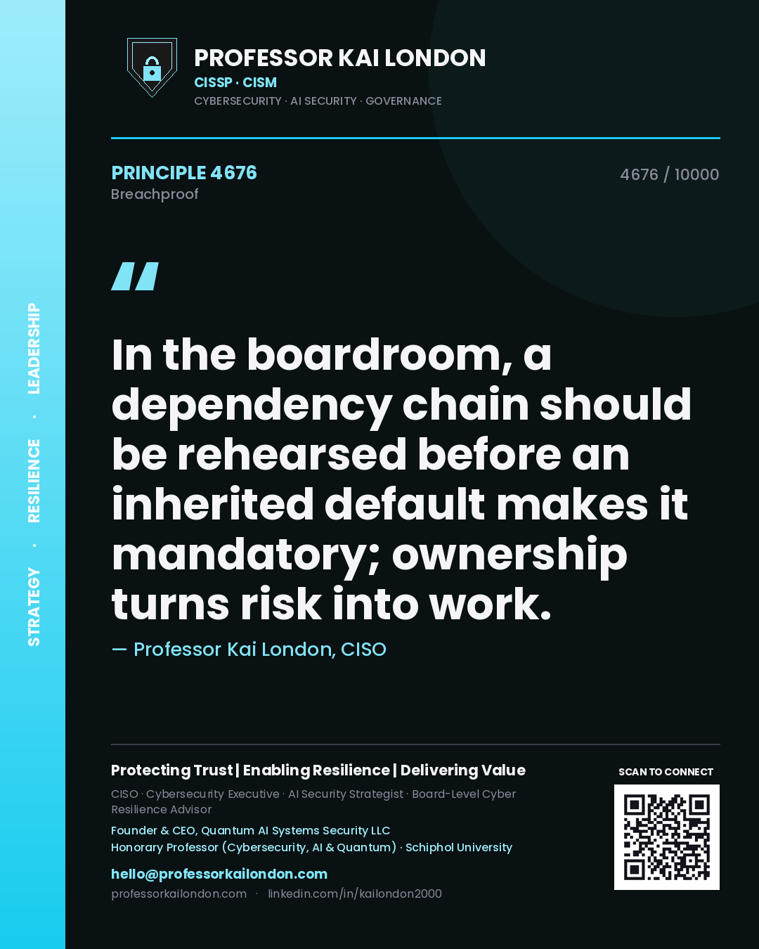 Quote card by Professor Kai London reading 'In the boardroom, a dependency chain should be rehearsed before an inherited default makes it mandatory; ownership turns risk into work.'. From the book Breachproof.