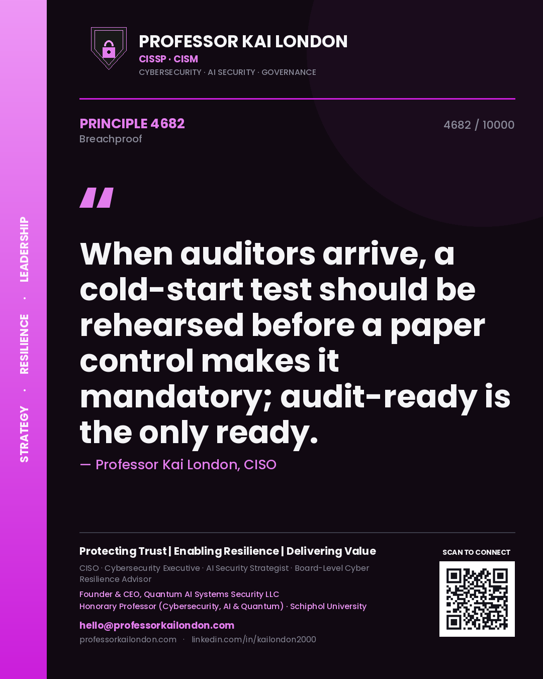 Quote card by Professor Kai London reading 'When auditors arrive, a cold-start test should be rehearsed before a paper control makes it mandatory; audit-ready is the only ready.'. From the book Breachproof.