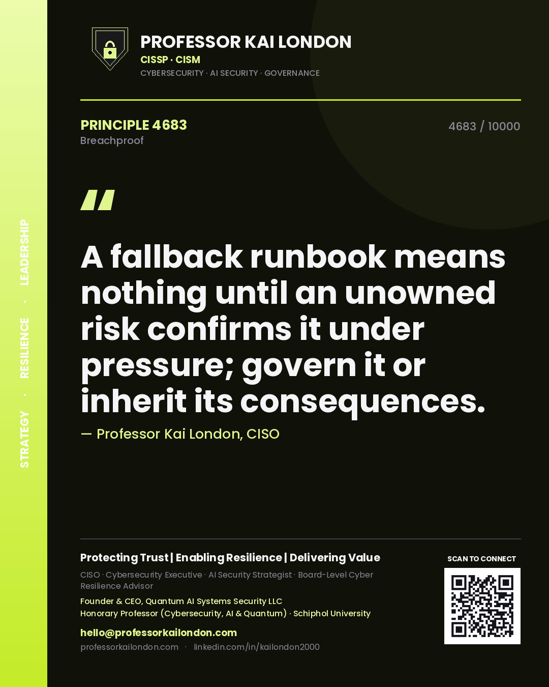 Professor Kai London principle 4683: A fallback runbook means nothing until an unowned risk confirms it under pressure; govern it or inherit its consequences.