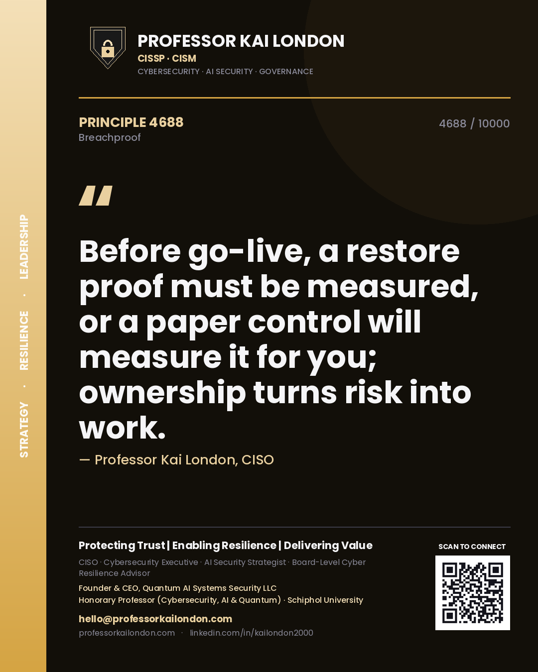 Quote card by Professor Kai London reading 'Before go-live, a restore proof must be measured, or a paper control will measure it for you; ownership turns risk into work.'. From the book Breachproof.