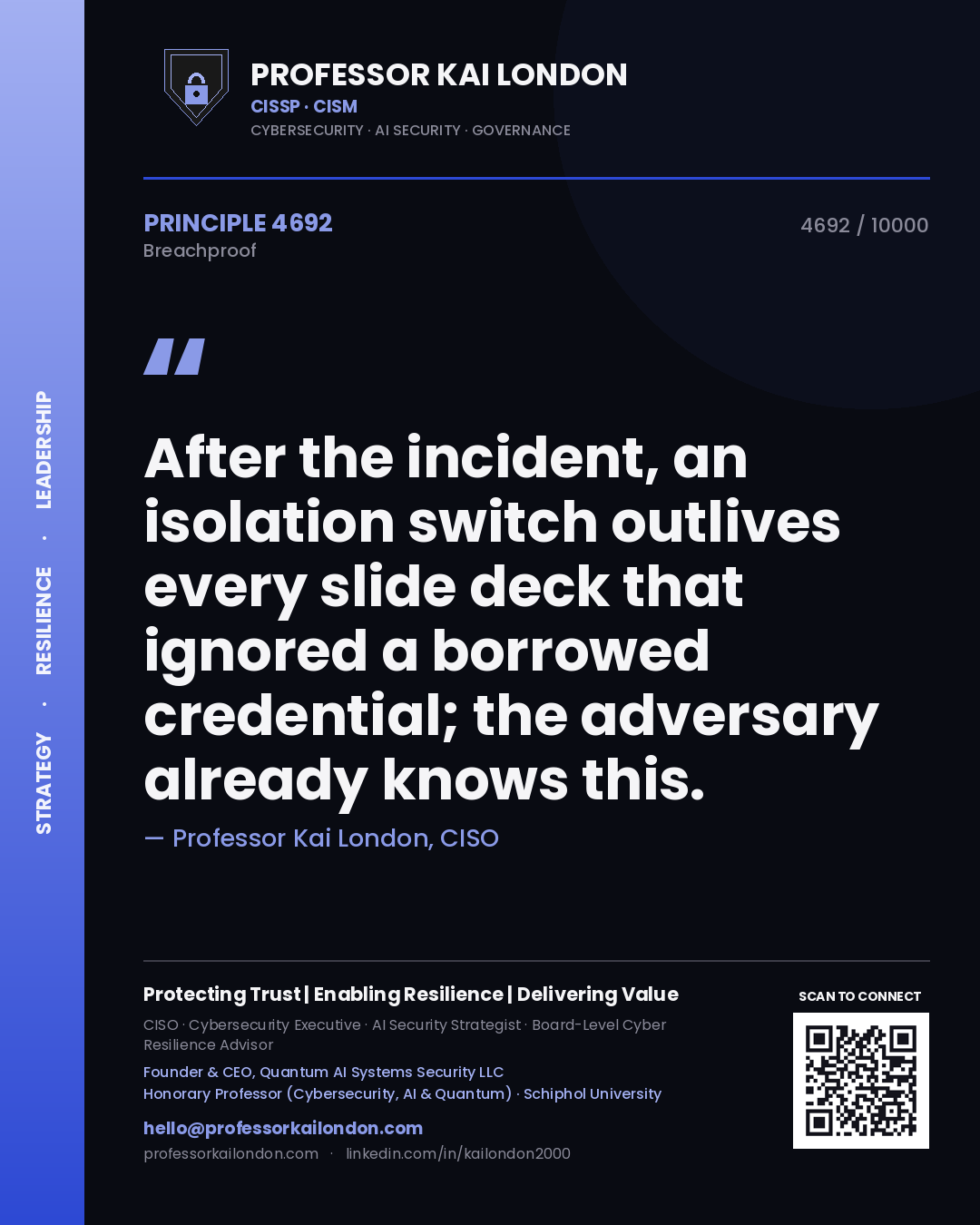 Quote card by Professor Kai London reading 'After the incident, an isolation switch outlives every slide deck that ignored a borrowed credential; the adversary already knows this.'. From the book Breachproof.