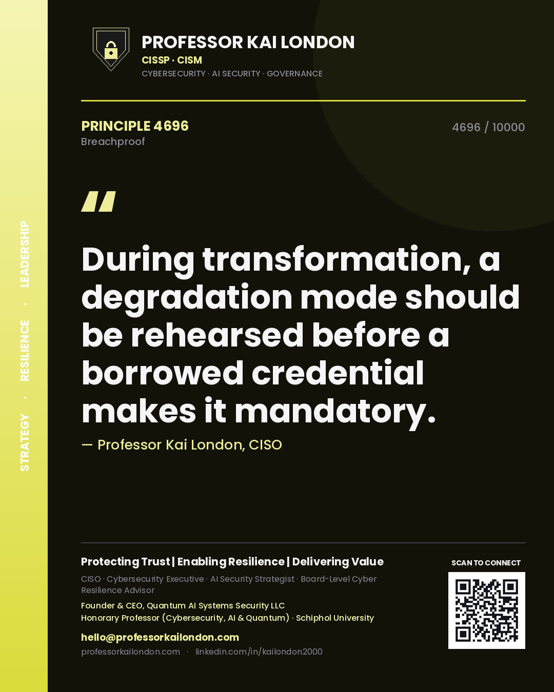 Quote card by Professor Kai London reading 'During transformation, a degradation mode should be rehearsed before a borrowed credential makes it mandatory.'. From the book Breachproof.