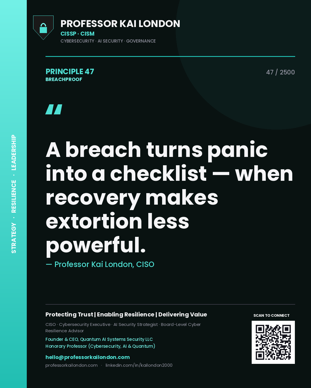 Professor Kai London principle 47: A breach turns panic into a checklist — when recovery makes extortion less powerful.