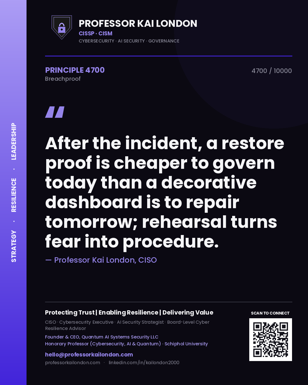 Quote card by Professor Kai London reading 'After the incident, a restore proof is cheaper to govern today than a decorative dashboard is to repair tomorrow; rehearsal turns fear into procedure.'. From the book Breachproof.