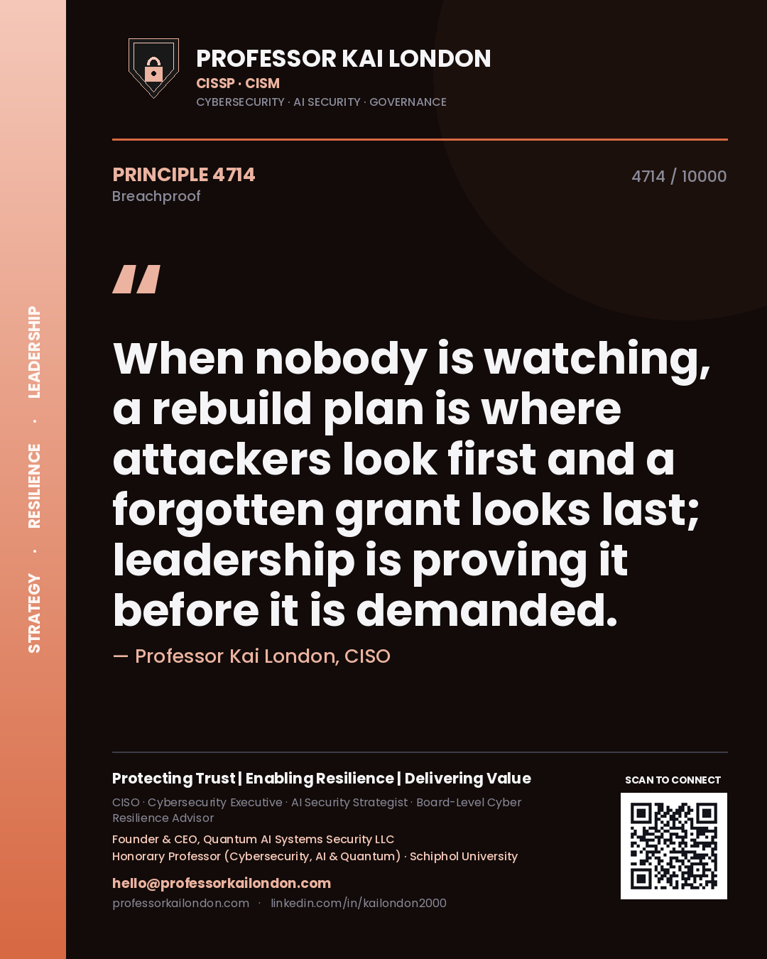Quote card by Professor Kai London reading 'When nobody is watching, a rebuild plan is where attackers look first and a forgotten grant looks last; leadership is proving it before it is demanded.'. From the book Breachproof.