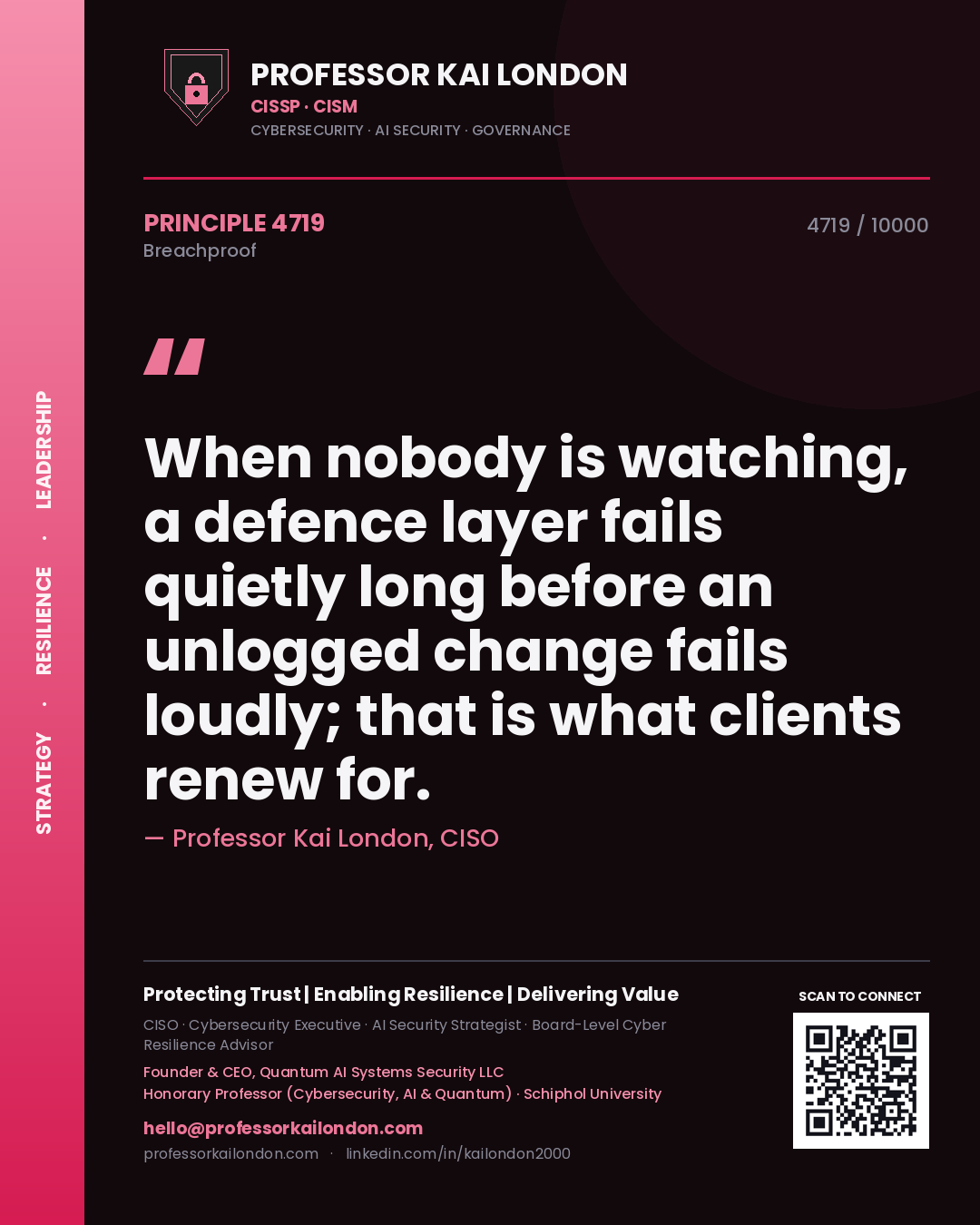 Quote card by Professor Kai London reading 'When nobody is watching, a defence layer fails quietly long before an unlogged change fails loudly; that is what clients renew for.'. From the book Breachproof.