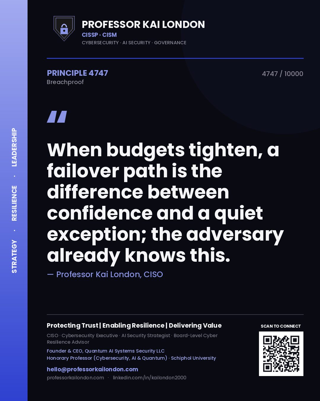 Quote card by Professor Kai London reading 'When budgets tighten, a failover path is the difference between confidence and a quiet exception; the adversary already knows this.'. From the book Breachproof.