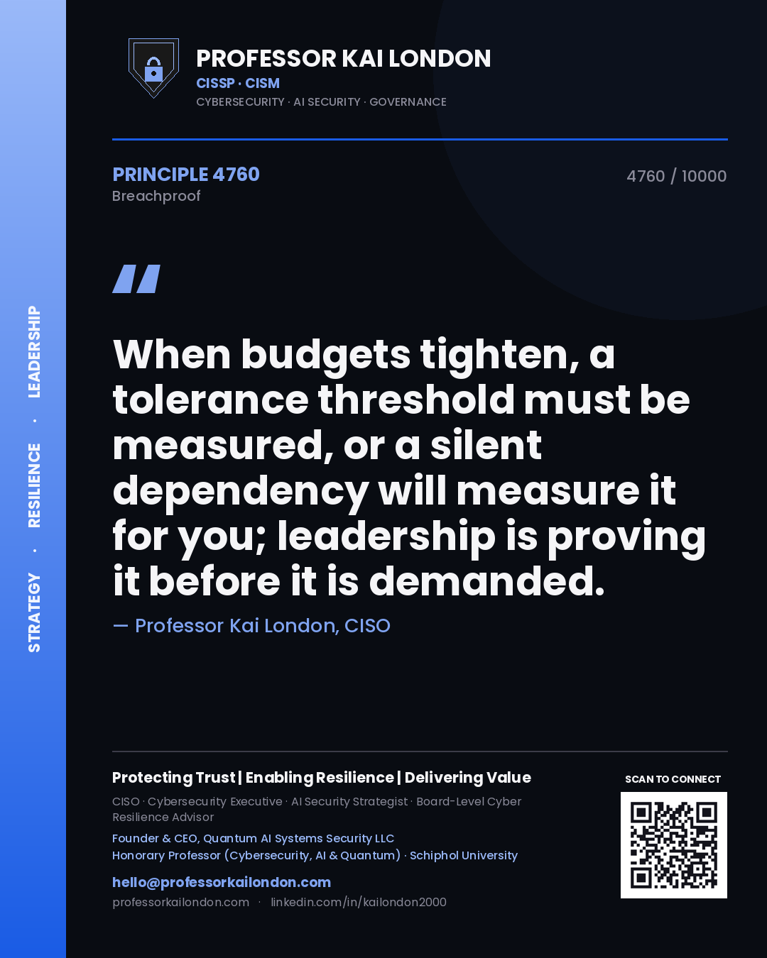 Quote card by Professor Kai London reading 'When budgets tighten, a tolerance threshold must be measured, or a silent dependency will measure it for you; leadership is proving it before it is demanded.'. From the book Breachproof.