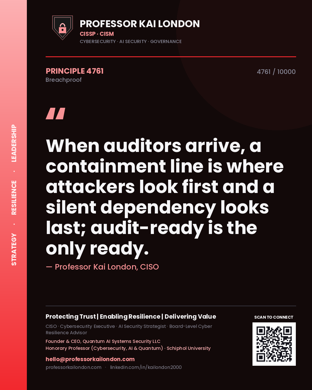 Quote card by Professor Kai London reading 'When auditors arrive, a containment line is where attackers look first and a silent dependency looks last; audit-ready is the only ready.'. From the book Breachproof.