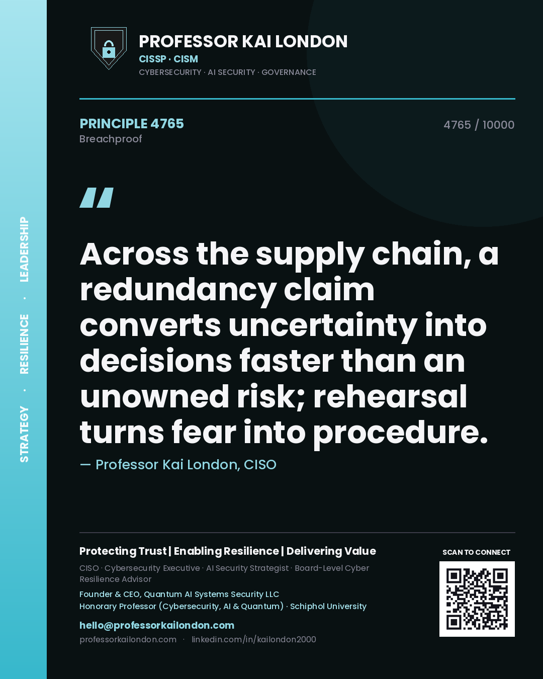 Quote card by Professor Kai London reading 'Across the supply chain, a redundancy claim converts uncertainty into decisions faster than an unowned risk; rehearsal turns fear into procedure.'. From the book Breachproof.