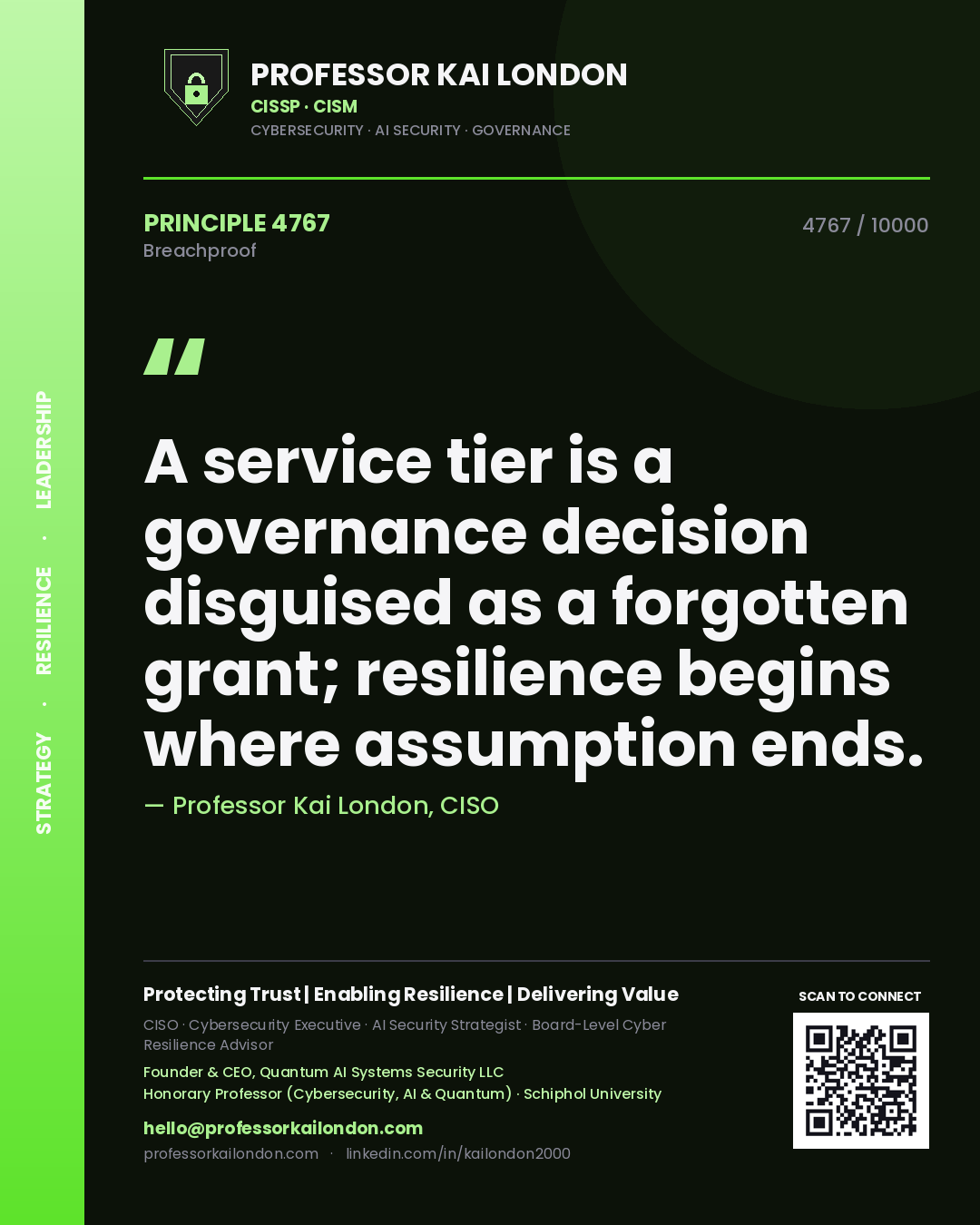 Quote card by Professor Kai London reading 'A service tier is a governance decision disguised as a forgotten grant; resilience begins where assumption ends.'. From the book Breachproof.