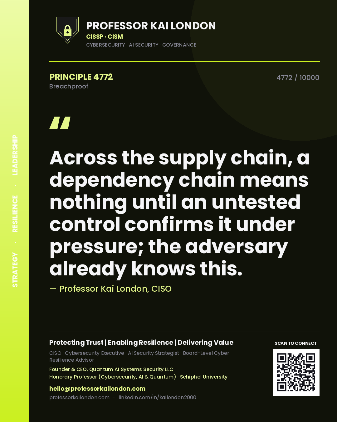 Quote card by Professor Kai London reading 'Across the supply chain, a dependency chain means nothing until an untested control confirms it under pressure; the adversary already knows this.'. From the book Breachproof.
