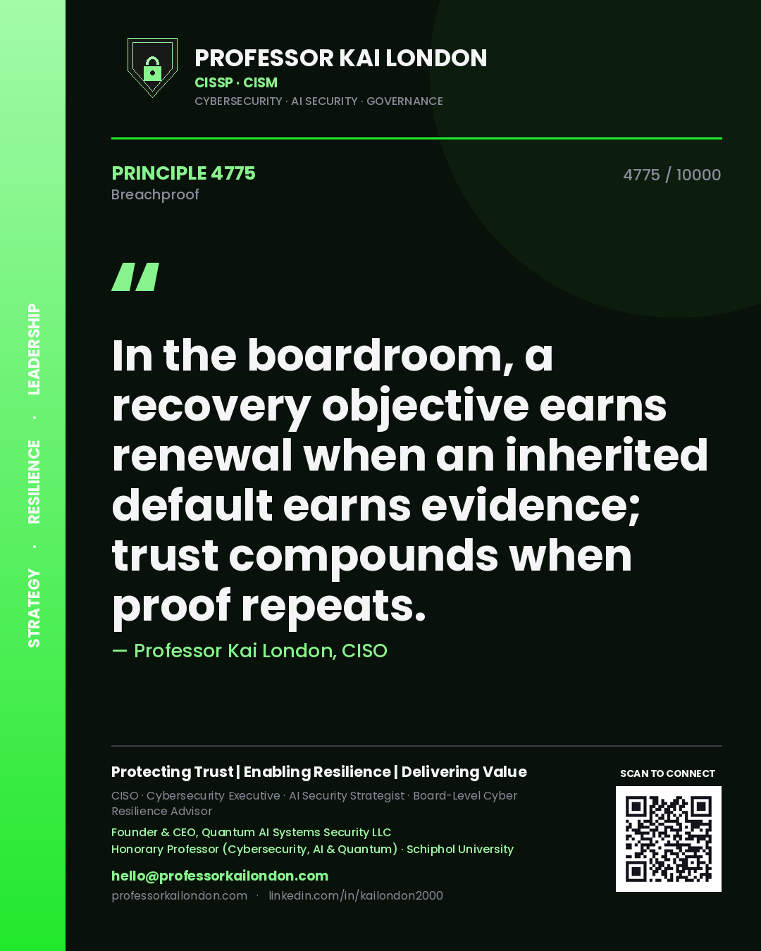 Quote card by Professor Kai London reading 'In the boardroom, a recovery objective earns renewal when an inherited default earns evidence; trust compounds when proof repeats.'. From the book Breachproof.