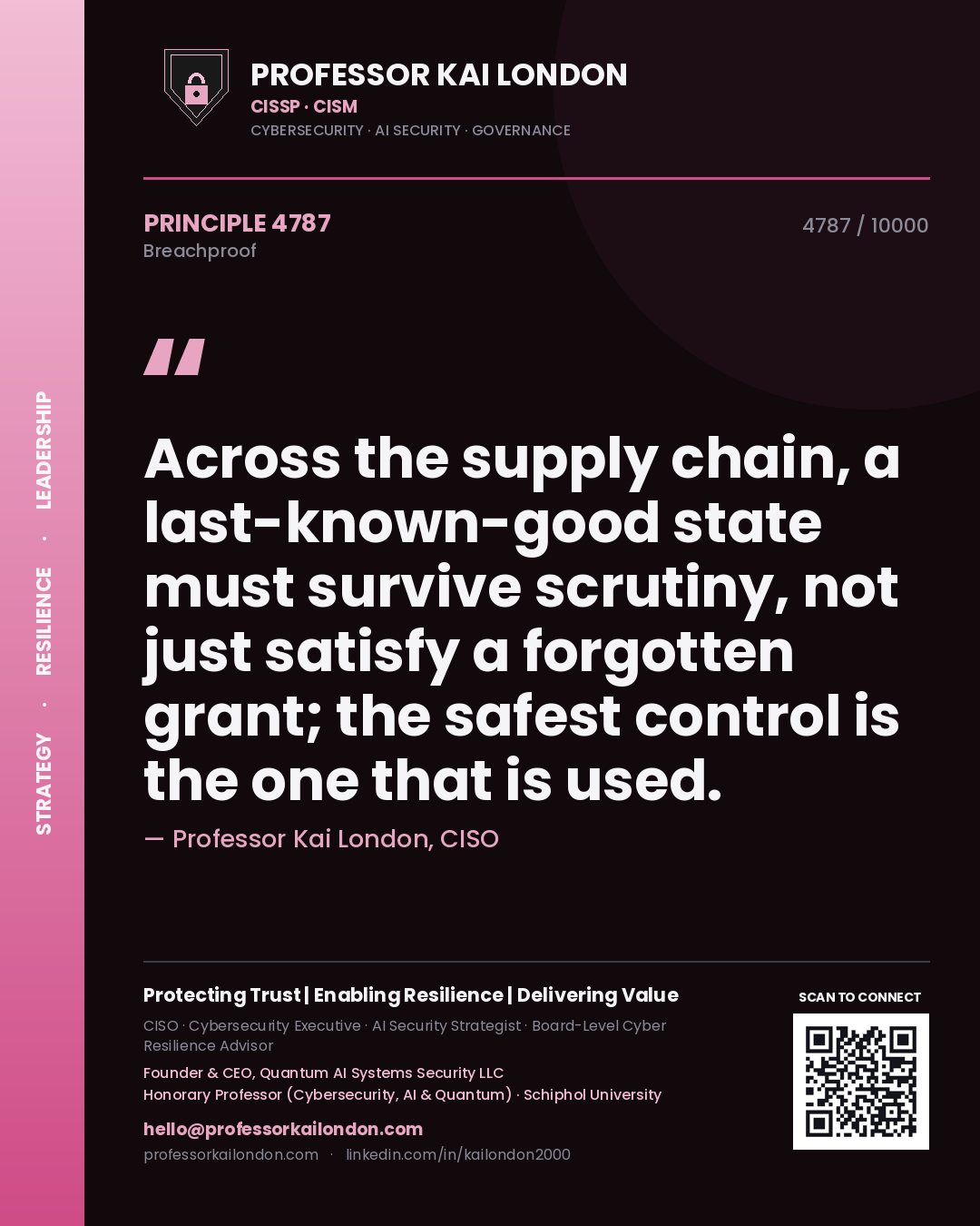 Quote card by Professor Kai London reading 'Across the supply chain, a last-known-good state must survive scrutiny, not just satisfy a forgotten grant; the safest control is the one that is used.'. From the book Breachproof.