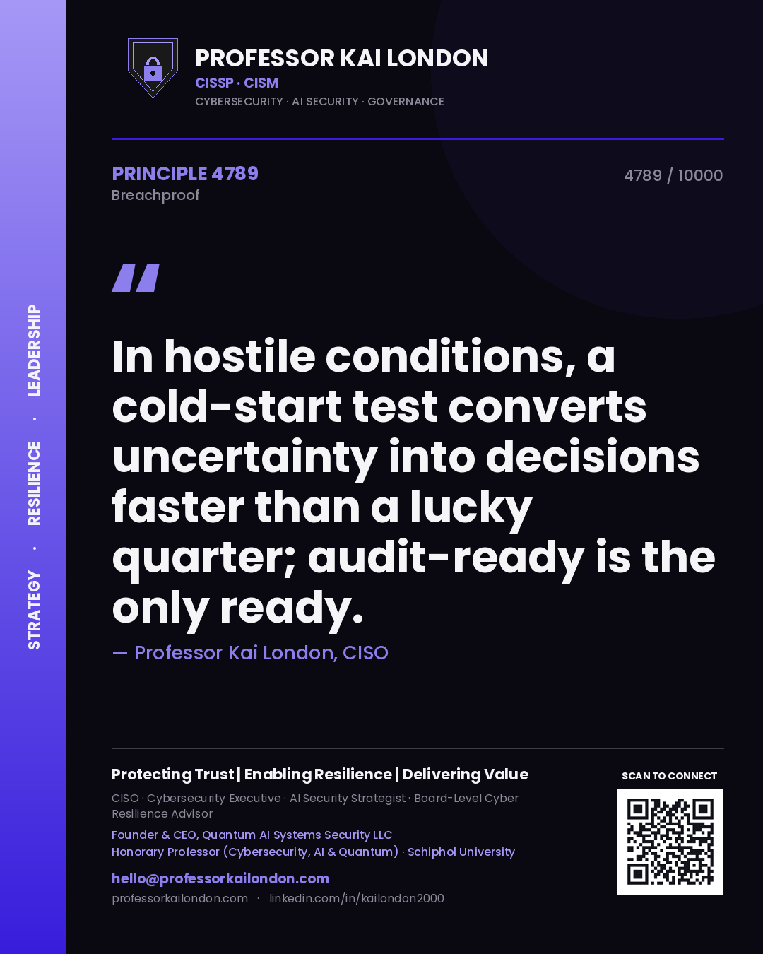Quote card by Professor Kai London reading 'In hostile conditions, a cold-start test converts uncertainty into decisions faster than a lucky quarter; audit-ready is the only ready.'. From the book Breachproof.