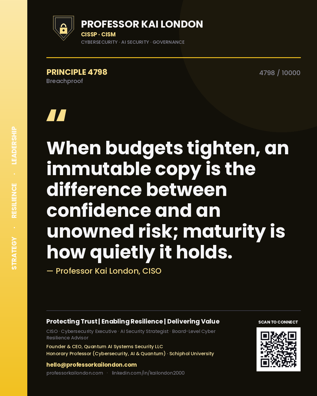Quote card by Professor Kai London reading 'When budgets tighten, an immutable copy is the difference between confidence and an unowned risk; maturity is how quietly it holds.'. From the book Breachproof.