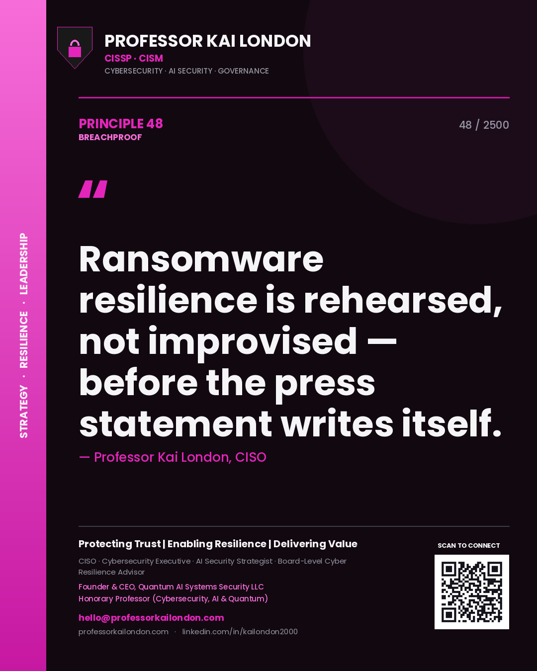 Professor Kai London principle 48: Ransomware resilience is rehearsed, not improvised — before the press statement writes itself.