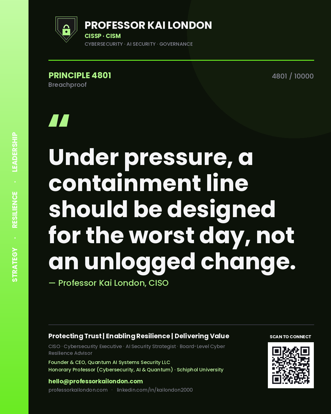 Quote card by Professor Kai London reading 'Under pressure, a containment line should be designed for the worst day, not an unlogged change.'. From the book Breachproof.