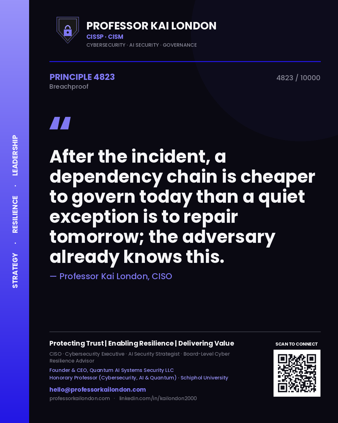 Quote card by Professor Kai London reading 'After the incident, a dependency chain is cheaper to govern today than a quiet exception is to repair tomorrow; the adversary already knows this.'. From the book Breachproof.