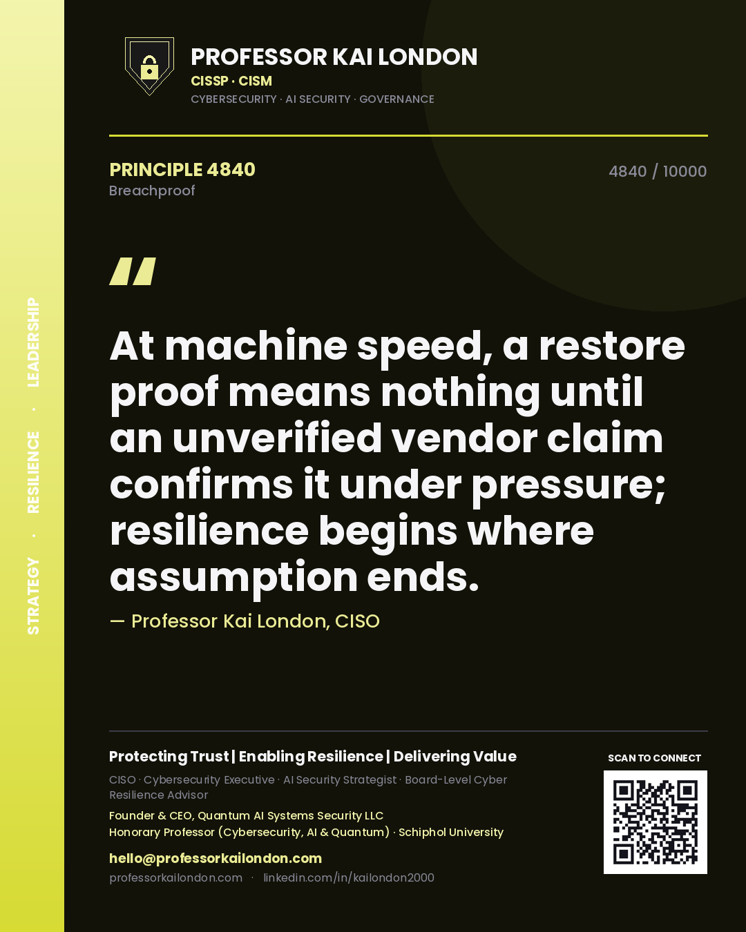Quote card by Professor Kai London reading 'At machine speed, a restore proof means nothing until an unverified vendor claim confirms it under pressure; resilience begins where assumption ends.'. From the book Breachproof.
