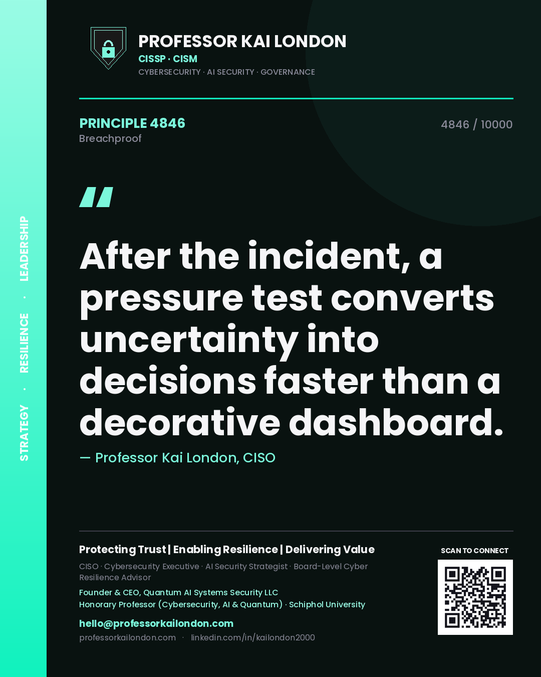 Quote card by Professor Kai London reading 'After the incident, a pressure test converts uncertainty into decisions faster than a decorative dashboard.'. From the book Breachproof.