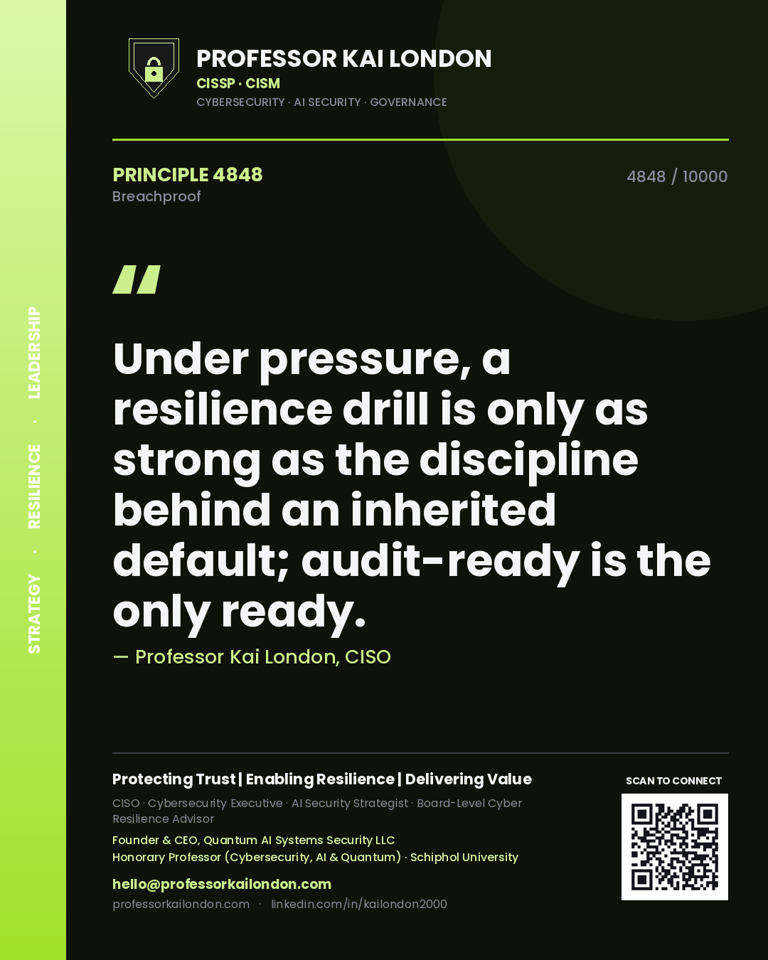 Quote card by Professor Kai London reading 'Under pressure, a resilience drill is only as strong as the discipline behind an inherited default; audit-ready is the only ready.'. From the book Breachproof.