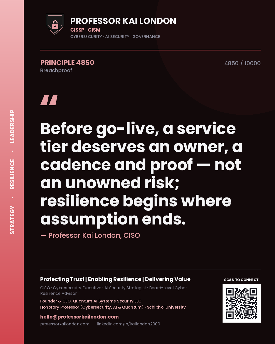 Quote card by Professor Kai London reading 'Before go-live, a service tier deserves an owner, a cadence and proof — not an unowned risk; resilience begins where assumption ends.'. From the book Breachproof.