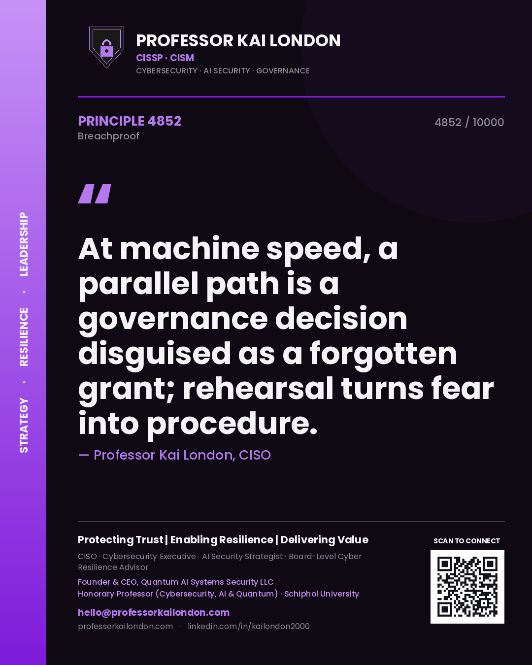 Quote card by Professor Kai London reading 'At machine speed, a parallel path is a governance decision disguised as a forgotten grant; rehearsal turns fear into procedure.'. From the book Breachproof.