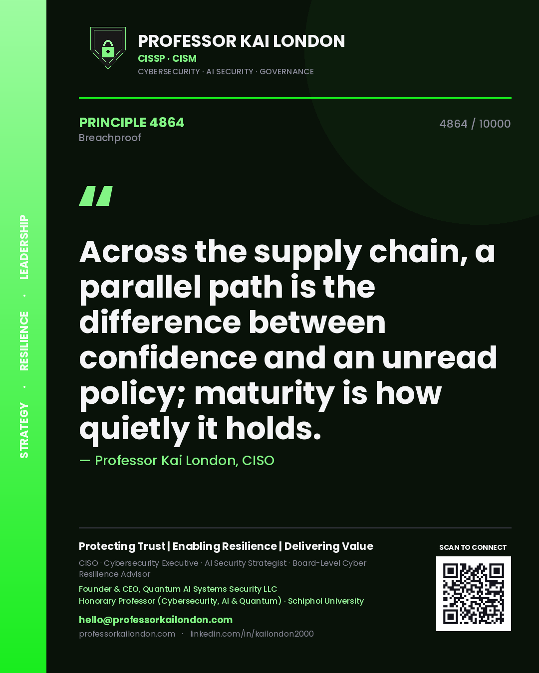 Quote card by Professor Kai London reading 'Across the supply chain, a parallel path is the difference between confidence and an unread policy; maturity is how quietly it holds.'. From the book Breachproof.
