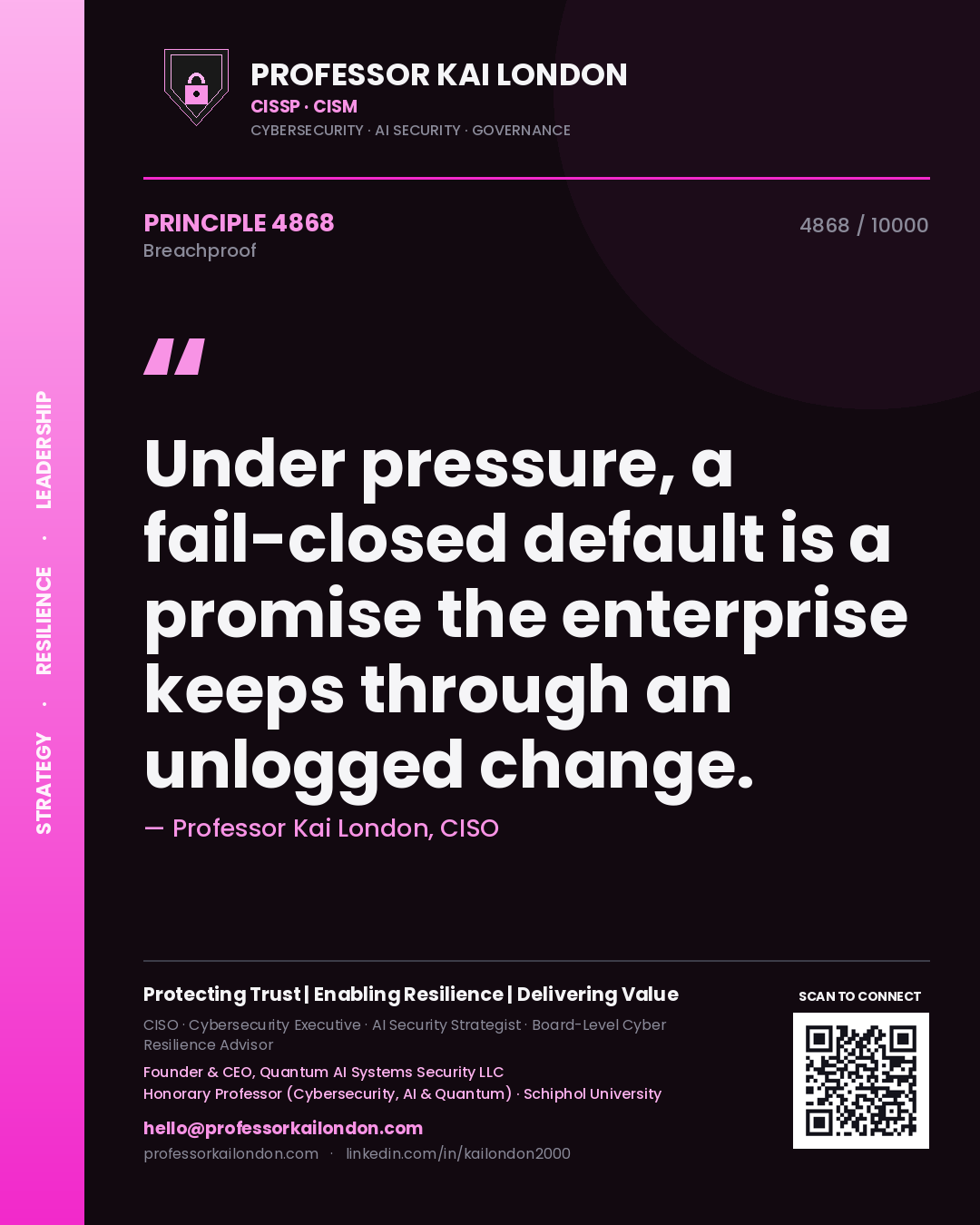 Quote card by Professor Kai London reading 'Under pressure, a fail-closed default is a promise the enterprise keeps through an unlogged change.'. From the book Breachproof.