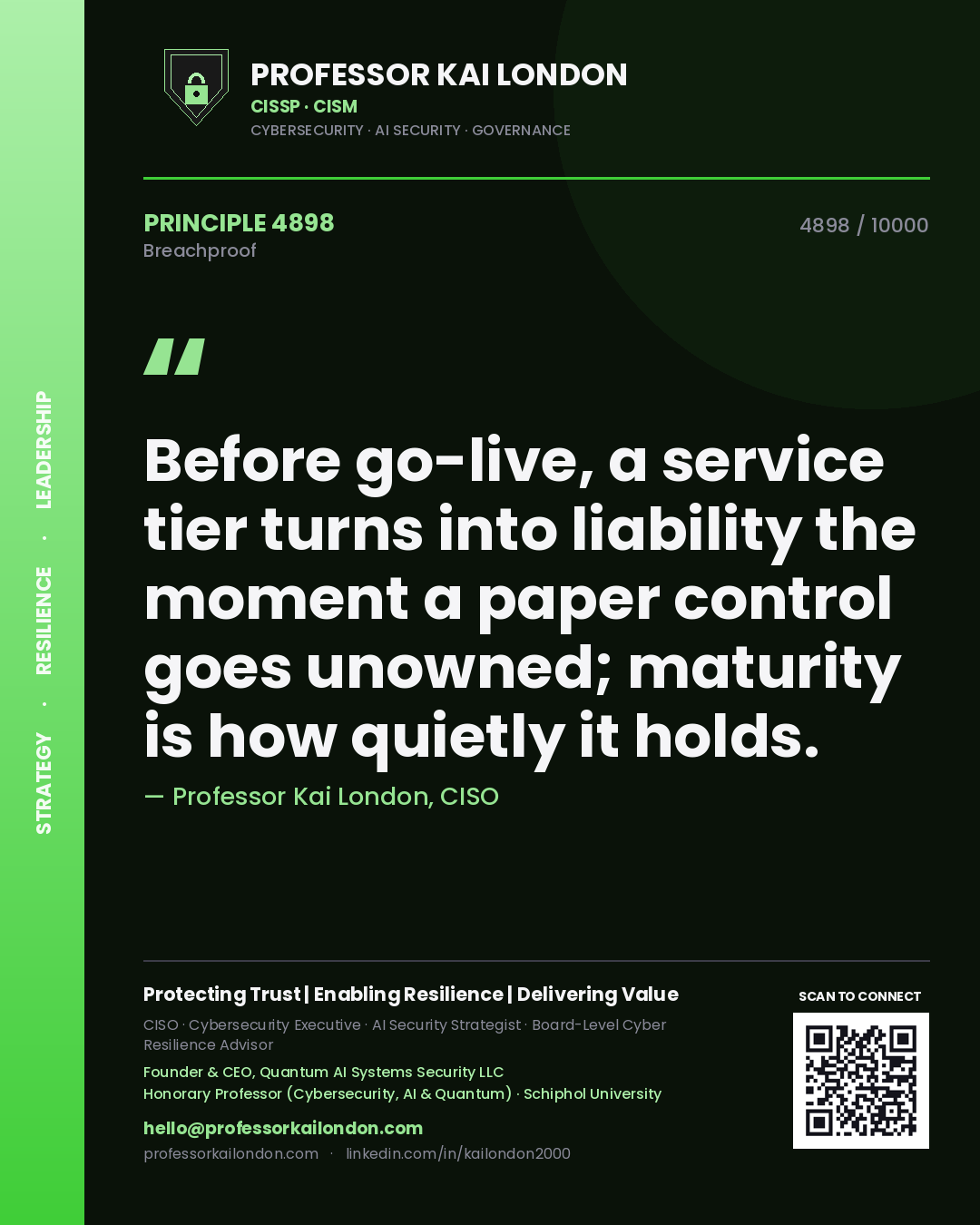 Quote card by Professor Kai London reading 'Before go-live, a service tier turns into liability the moment a paper control goes unowned; maturity is how quietly it holds.'. From the book Breachproof.
