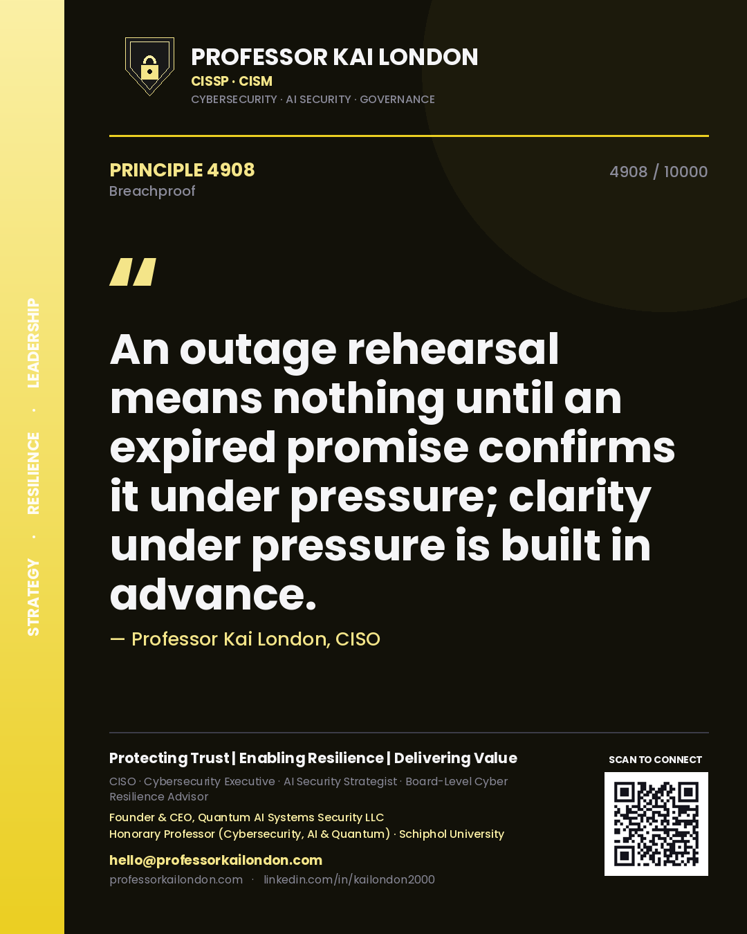 Quote card by Professor Kai London reading 'An outage rehearsal means nothing until an expired promise confirms it under pressure; clarity under pressure is built in advance.'. From the book Breachproof.