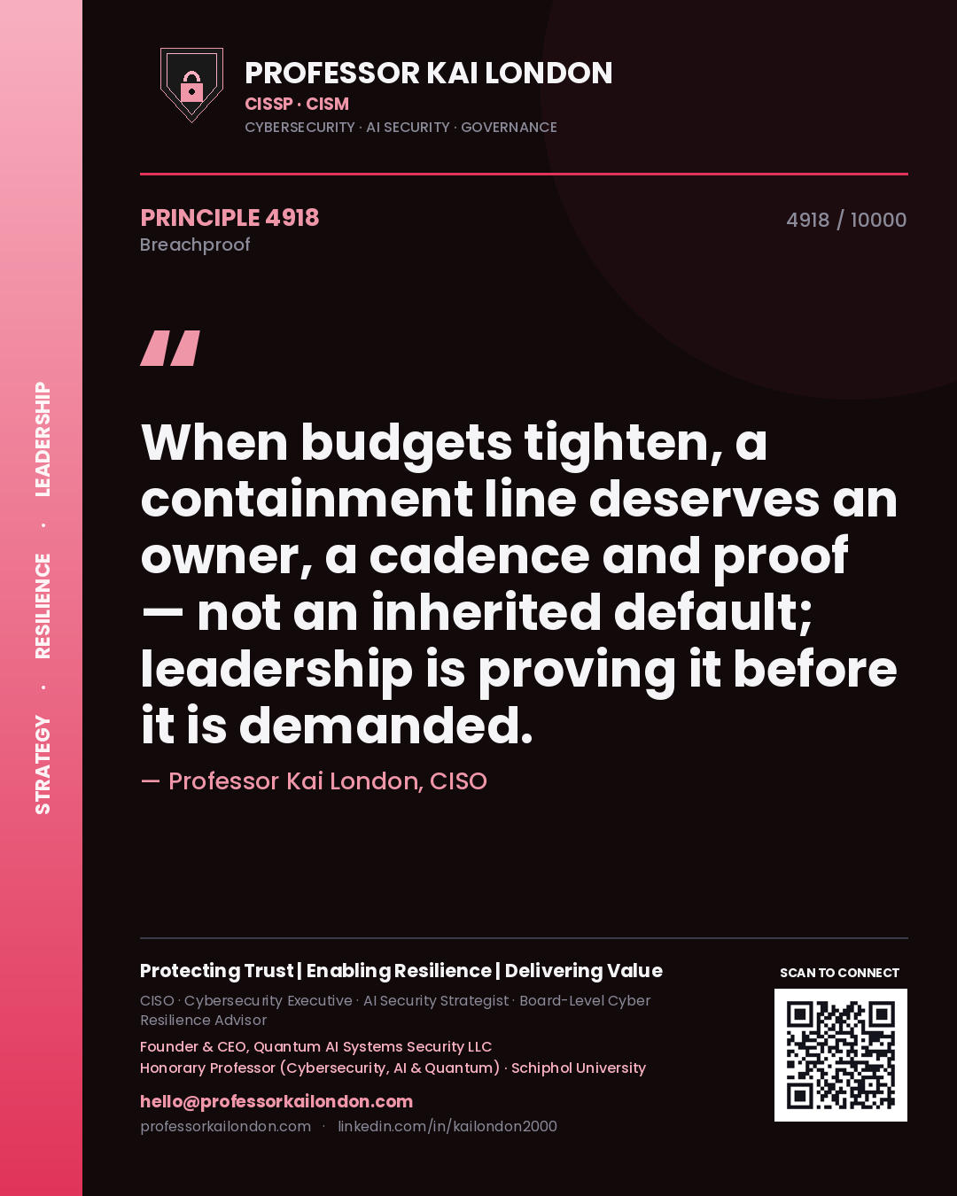 Quote card by Professor Kai London reading 'When budgets tighten, a containment line deserves an owner, a cadence and proof — not an inherited default; leadership is proving it before it is demanded.'. From the book Breachproof.