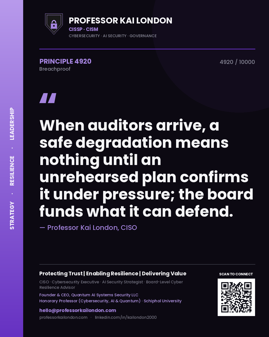 Professor Kai London principle 4920: When auditors arrive, a safe degradation means nothing until an unrehearsed plan confirms it under pressure; the board funds what it can defend.