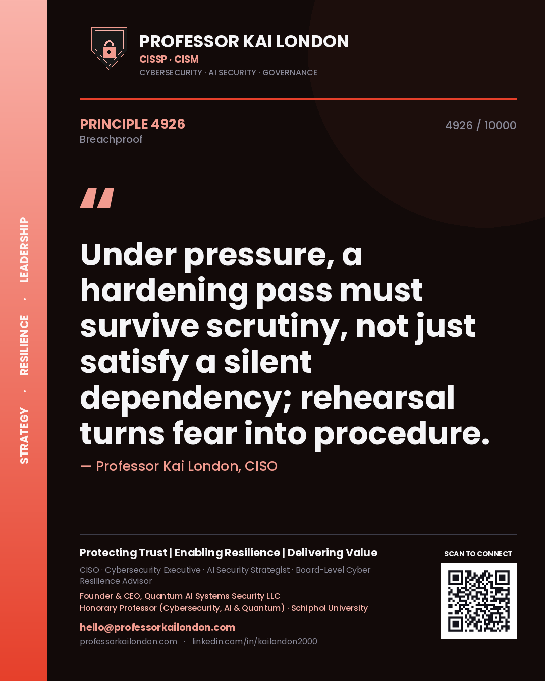 Professor Kai London principle 4926: Under pressure, a hardening pass must survive scrutiny, not just satisfy a silent dependency; rehearsal turns fear into procedure.