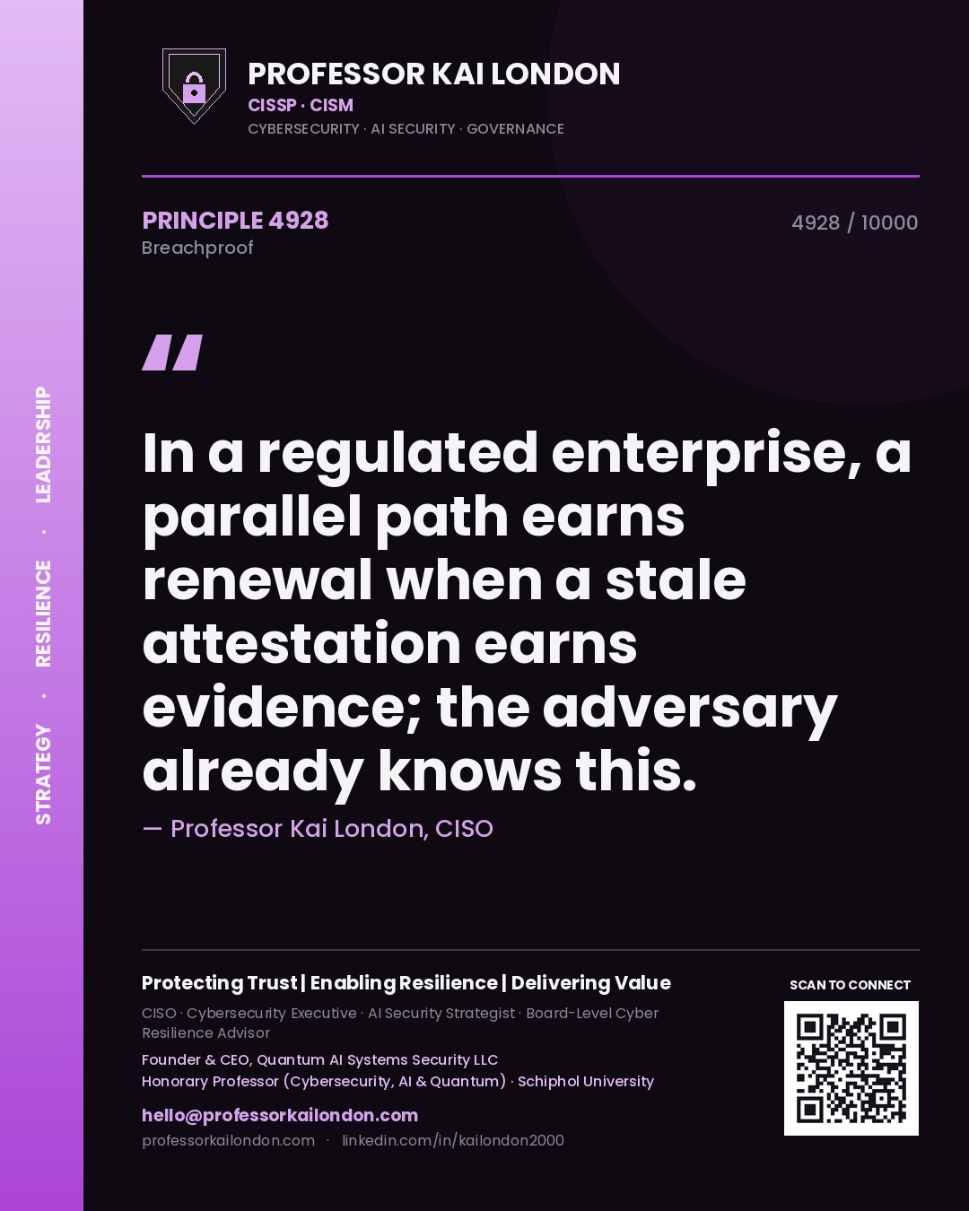 Quote card by Professor Kai London reading 'In a regulated enterprise, a parallel path earns renewal when a stale attestation earns evidence; the adversary already knows this.'. From the book Breachproof.