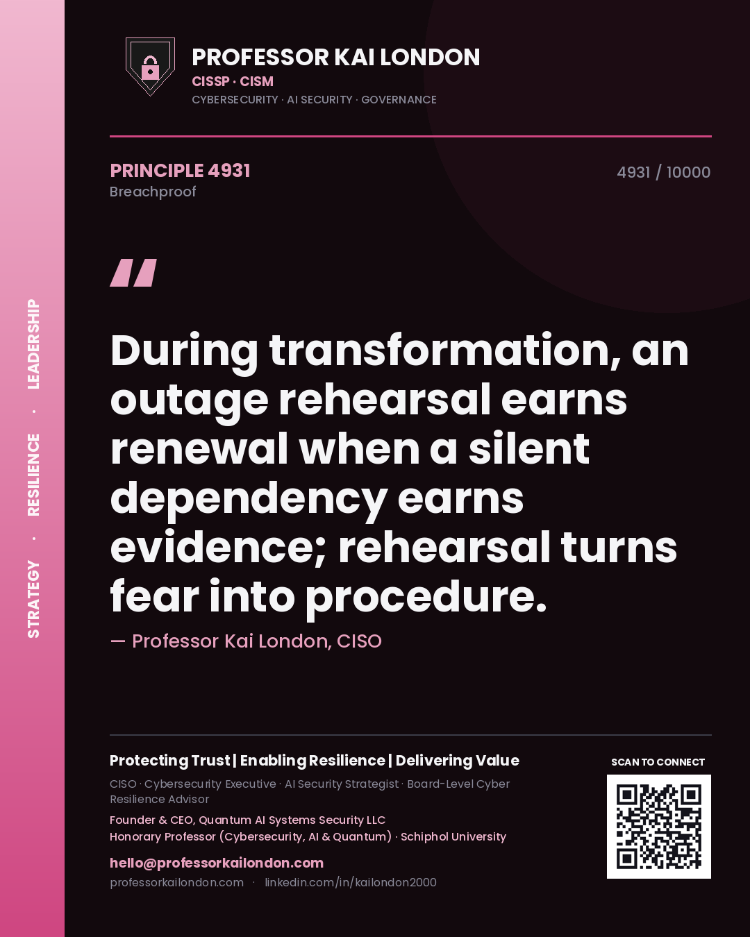Quote card by Professor Kai London reading 'During transformation, an outage rehearsal earns renewal when a silent dependency earns evidence; rehearsal turns fear into procedure.'. From the book Breachproof.