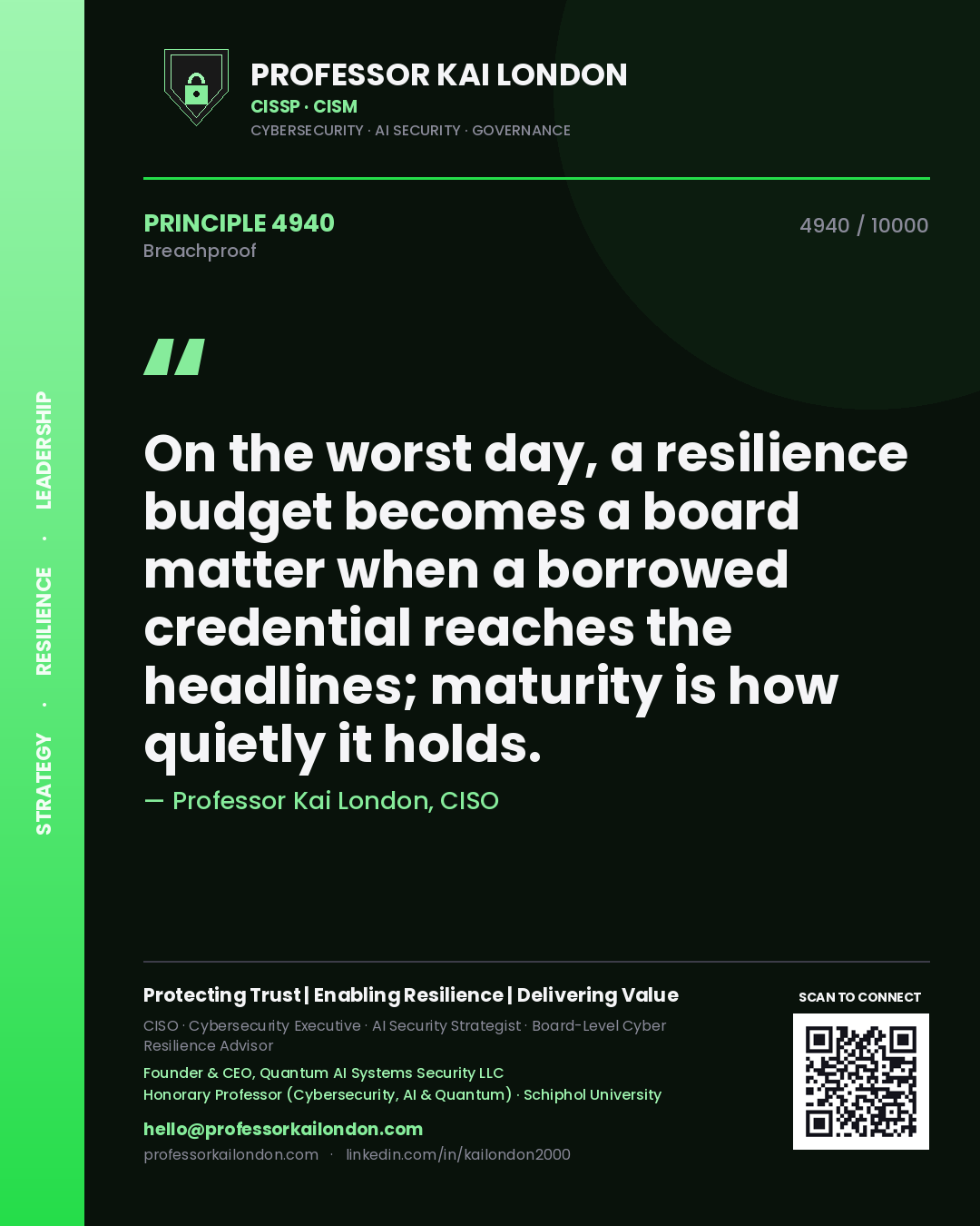 Quote card by Professor Kai London reading 'On the worst day, a resilience budget becomes a board matter when a borrowed credential reaches the headlines; maturity is how quietly it holds.'. From the book Breachproof.