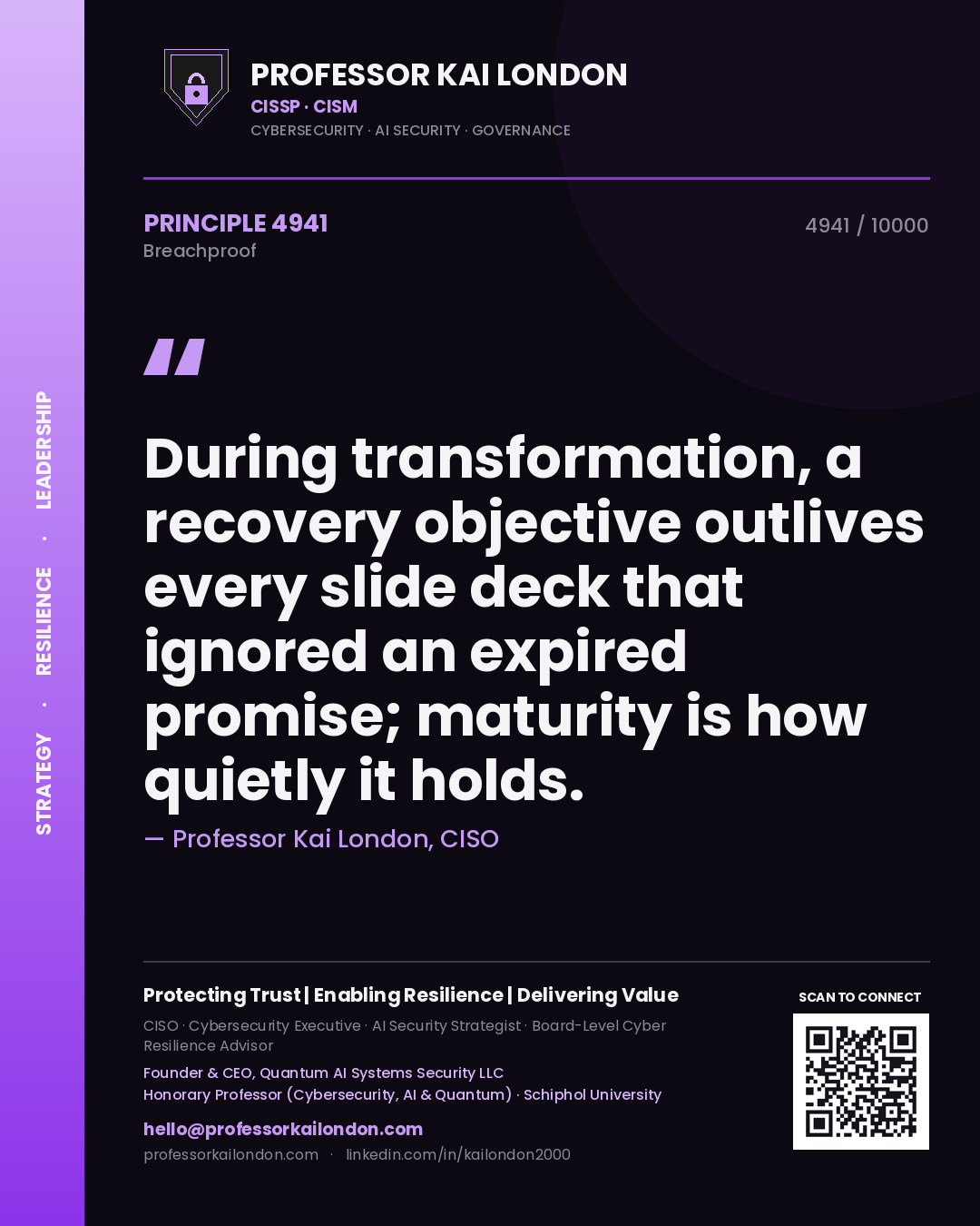 Quote card by Professor Kai London reading 'During transformation, a recovery objective outlives every slide deck that ignored an expired promise; maturity is how quietly it holds.'. From the book Breachproof.