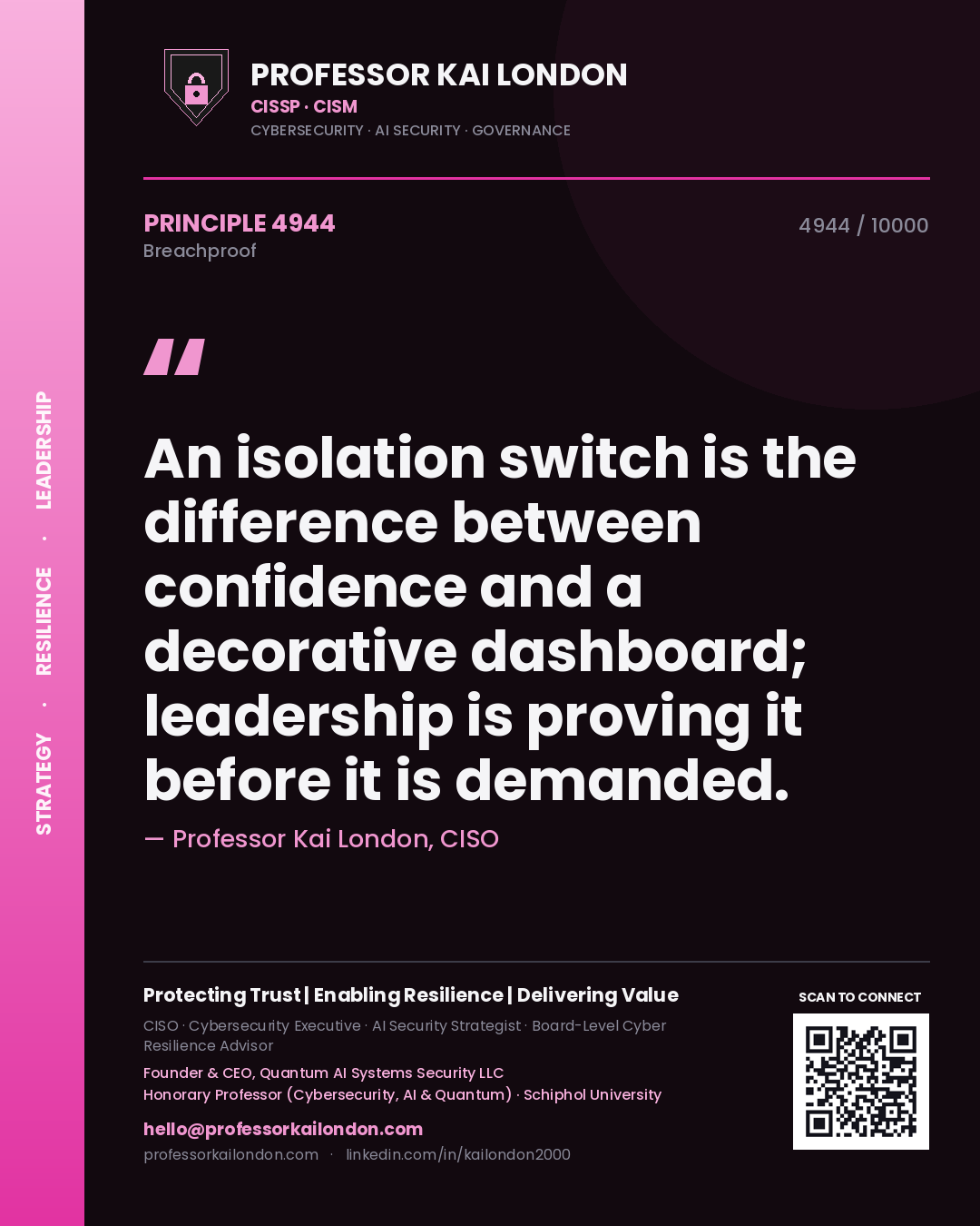 Quote card by Professor Kai London reading 'An isolation switch is the difference between confidence and a decorative dashboard; leadership is proving it before it is demanded.'. From the book Breachproof.