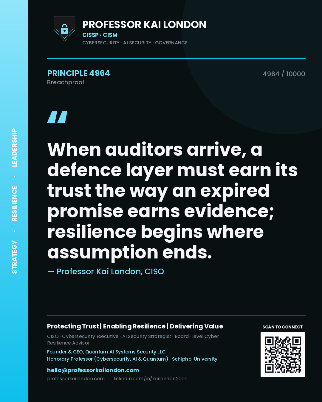 Quote card by Professor Kai London reading 'When auditors arrive, a defence layer must earn its trust the way an expired promise earns evidence; resilience begins where assumption ends.'. From the book Breachproof.