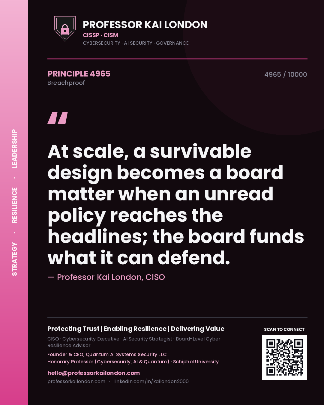 Quote card by Professor Kai London reading 'At scale, a survivable design becomes a board matter when an unread policy reaches the headlines; the board funds what it can defend.'. From the book Breachproof.