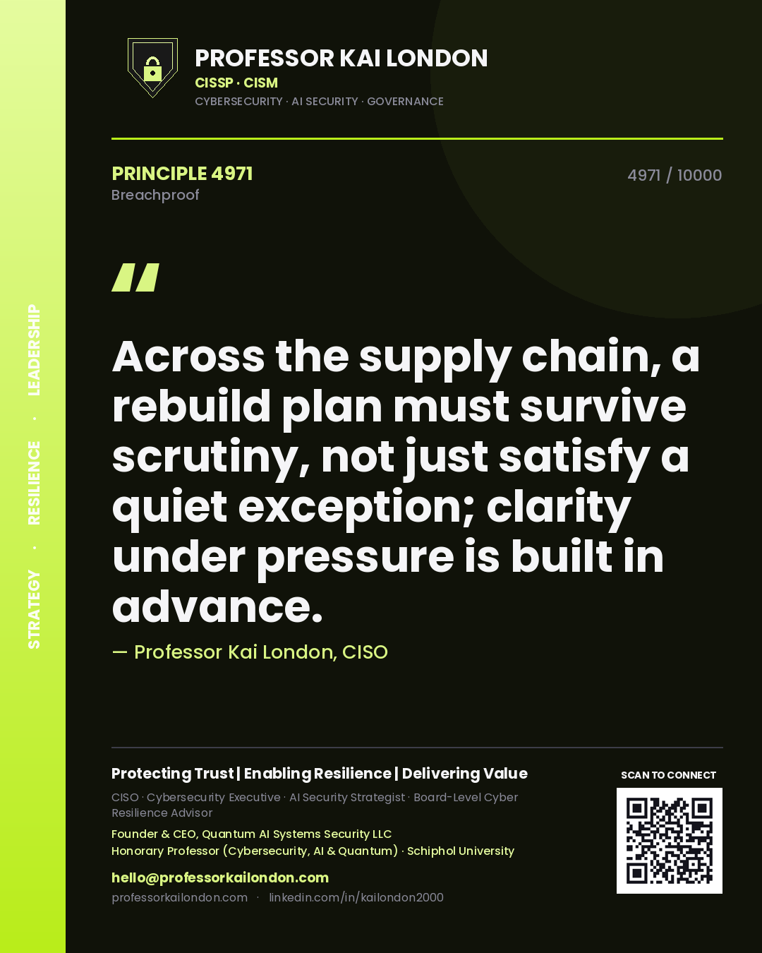 Quote card by Professor Kai London reading 'Across the supply chain, a rebuild plan must survive scrutiny, not just satisfy a quiet exception; clarity under pressure is built in advance.'. From the book Breachproof.