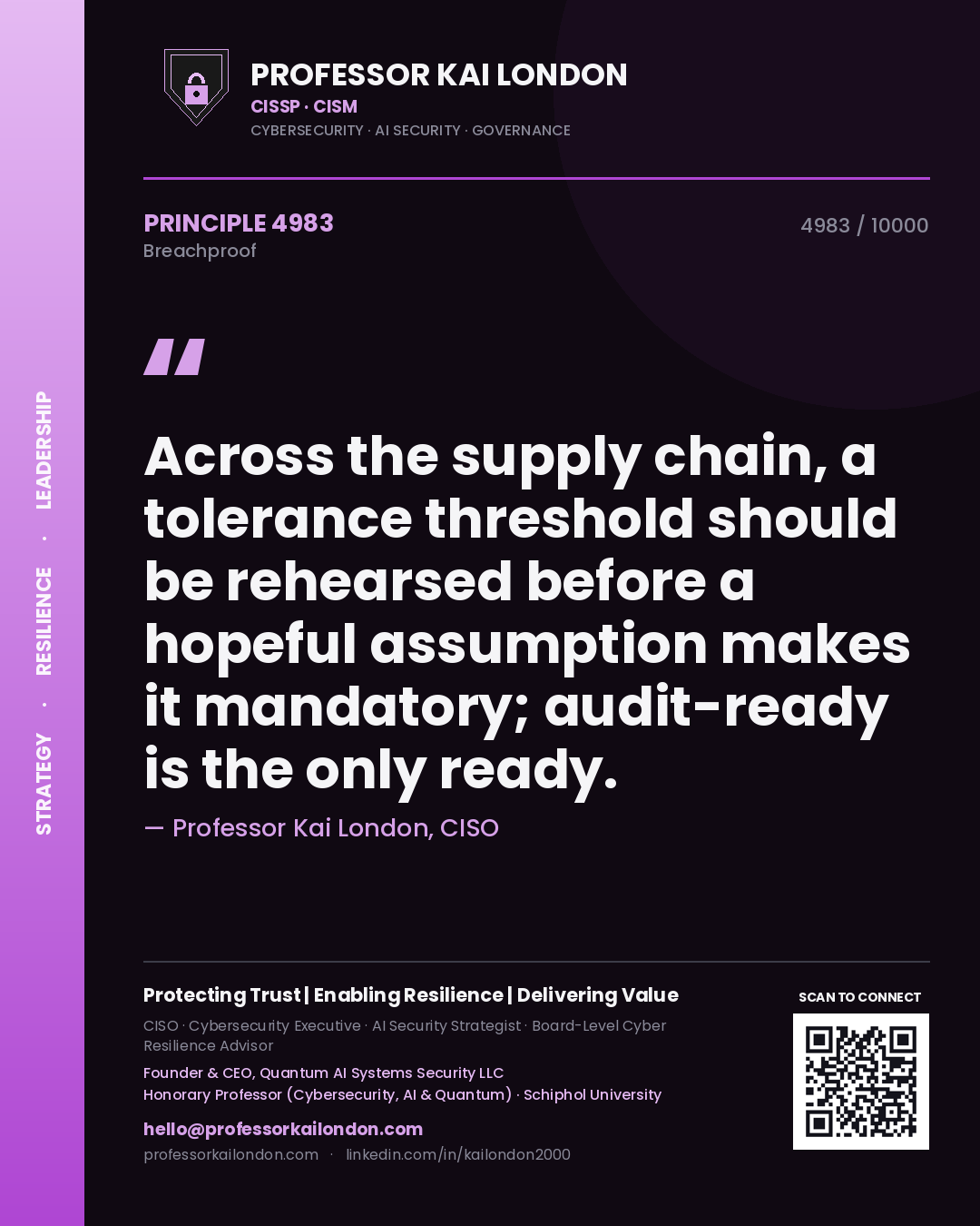 Quote card by Professor Kai London reading 'Across the supply chain, a tolerance threshold should be rehearsed before a hopeful assumption makes it mandatory; audit-ready is the only ready.'. From the book Breachproof.