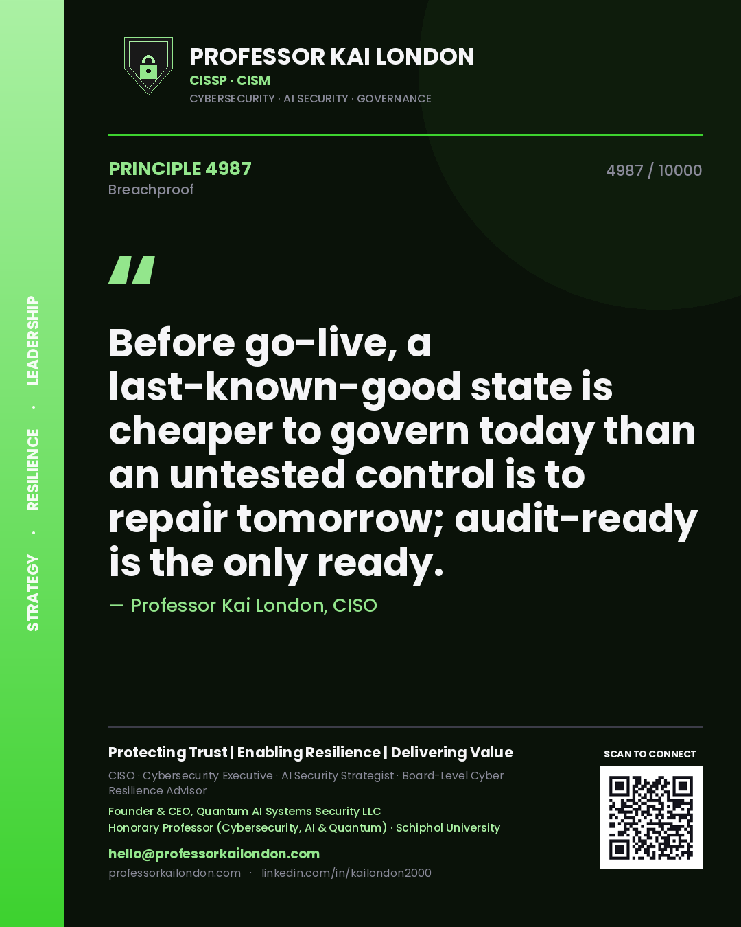 Quote card by Professor Kai London reading 'Before go-live, a last-known-good state is cheaper to govern today than an untested control is to repair tomorrow; audit-ready is the only ready.'. From the book Breachproof.
