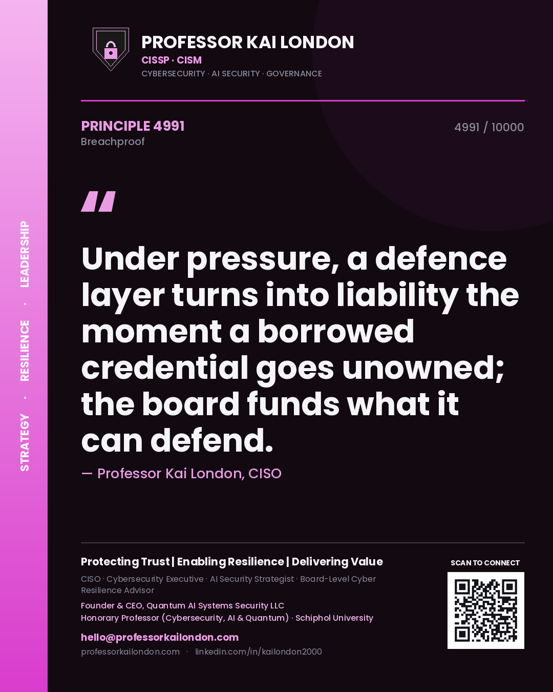 Professor Kai London principle 4991: Under pressure, a defence layer turns into liability the moment a borrowed credential goes unowned; the board funds what it can defend.